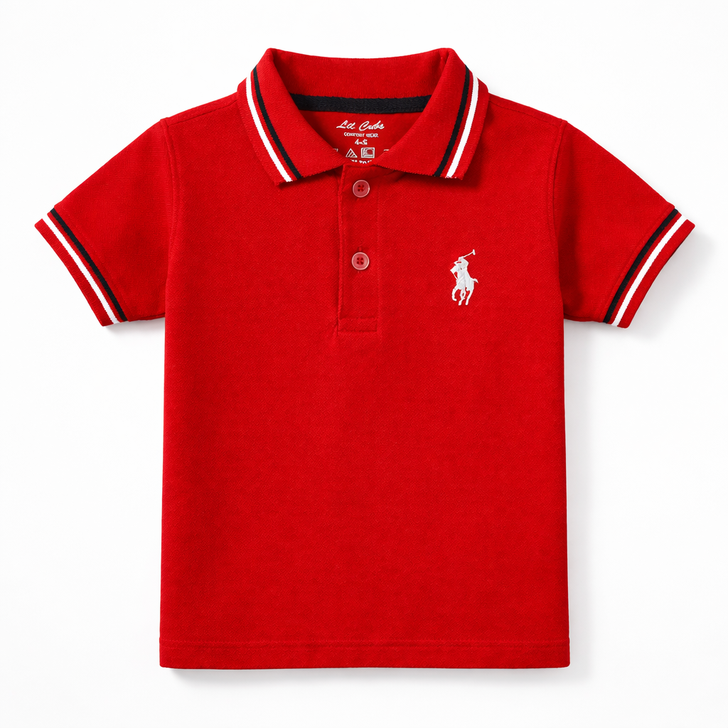 Red boys polo shirt by lilcubspk with black and white lining, featuring a classic collar and short sleeves.