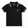 Black boys' polo T-shirt by lilcubspk with sky blue lining, featuring a classic collar and short sleeves.