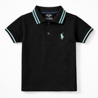Black boys' polo T-shirt by lilcubspk with sky blue lining, featuring a classic collar and short sleeves.