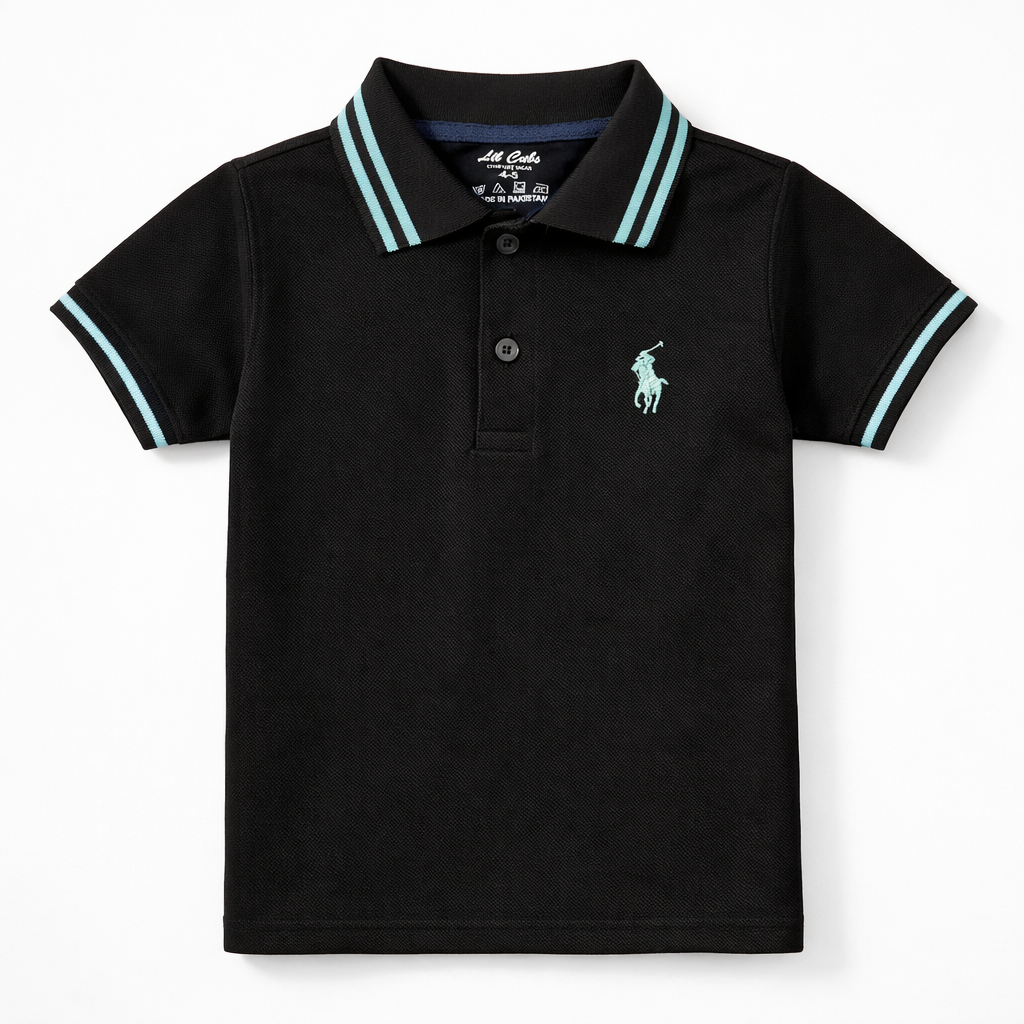 Black boys' polo T-shirt by lilcubspk with sky blue lining, featuring a classic collar and short sleeves.