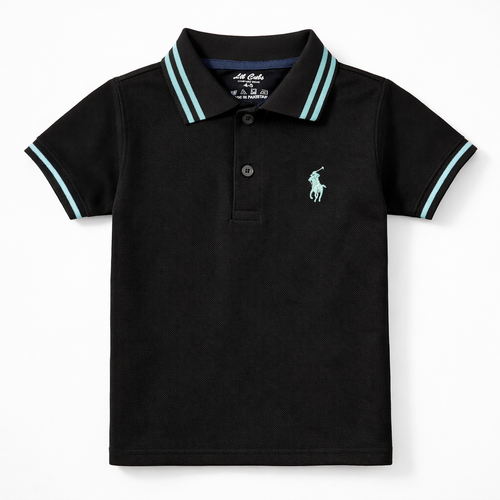 Black boys' polo T-shirt by lilcubspk with sky blue lining, featuring a classic collar and short sleeves.