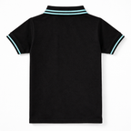 Black boys' polo shirt with sky blue lining from lilcubspk, showing the collar and front view of the stylish design.