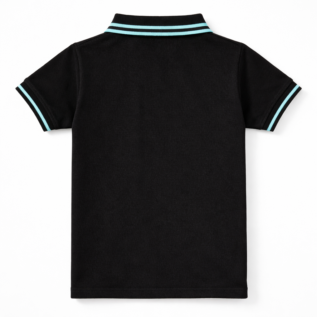 Black boys' polo shirt with sky blue lining from lilcubspk, showing the collar and front view of the stylish design.