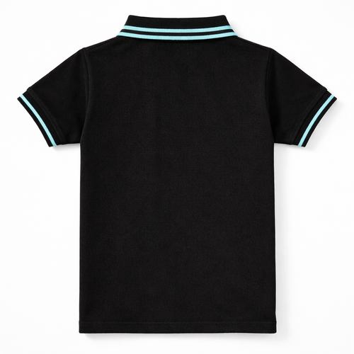 Black boys' polo shirt with sky blue lining from lilcubspk, showing the collar and front view of the stylish design.