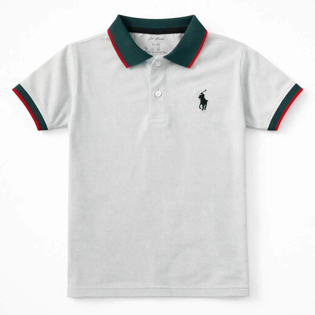 Light green boys polo t-shirt by lilcubspk with green and red lining, featuring a classic collar and short sleeves.
