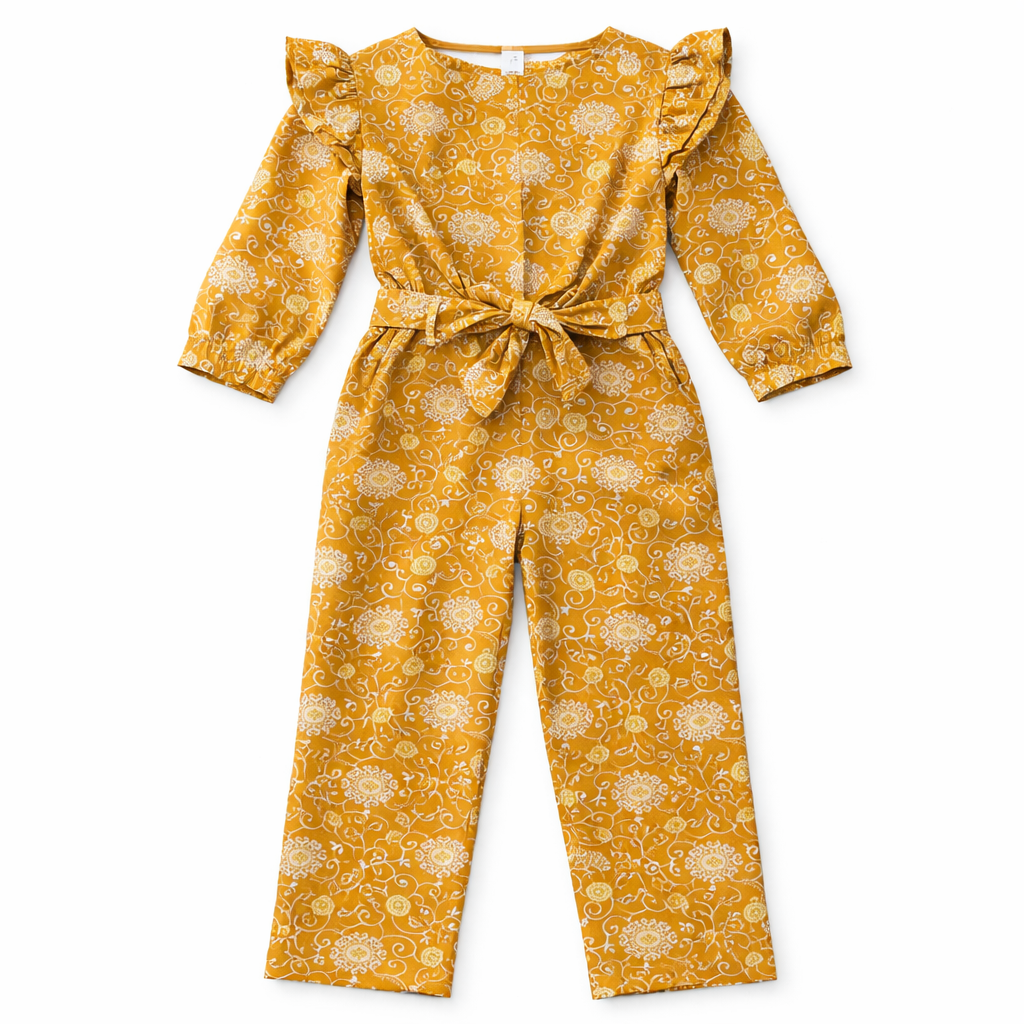 Girls Mustard Floral Jumpsuits