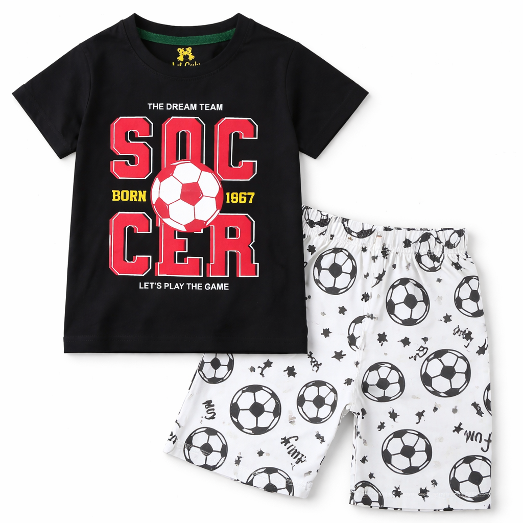 Black and white soccer print kids' summer coord set with jersey cotton from Lil’ Cubs, featuring a two-piece matching outfit.