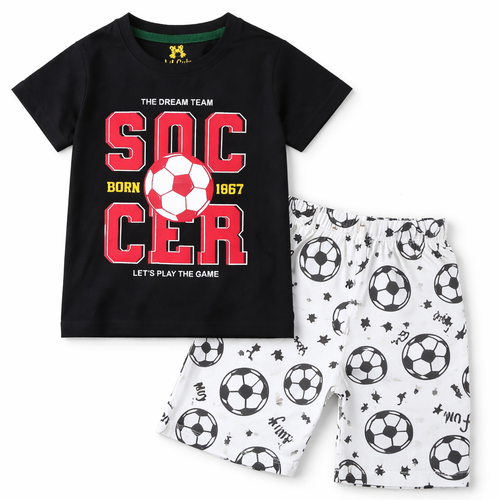 Black and white soccer print kids' summer coord set with jersey cotton from Lil’ Cubs, featuring a two-piece matching outfit.