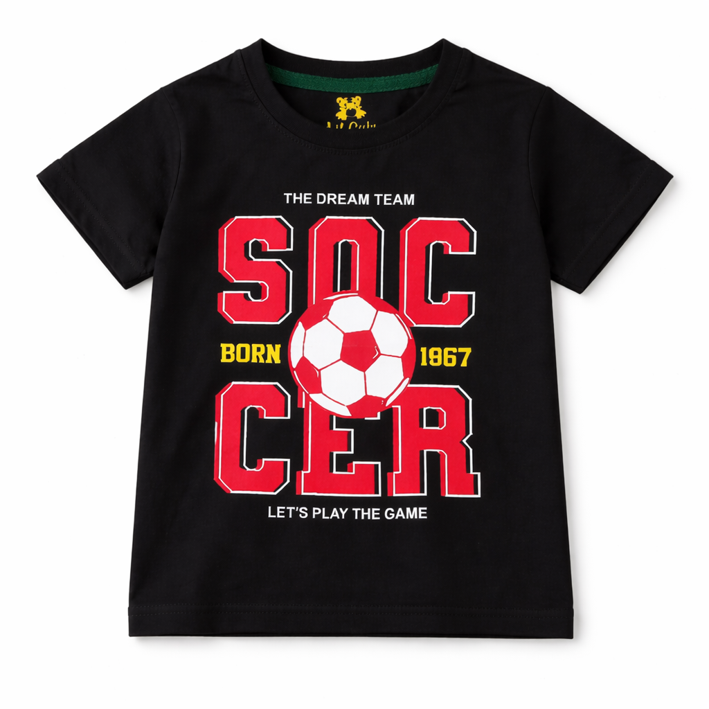 Black and white soccer print kids' summer coord set by Lil’ Cubs featuring a cotton jersey fabric, two-piece athletic outfit.