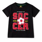 Black and white soccer print kids' summer coord set by Lil’ Cubs featuring a cotton jersey fabric, two-piece athletic outfit.
