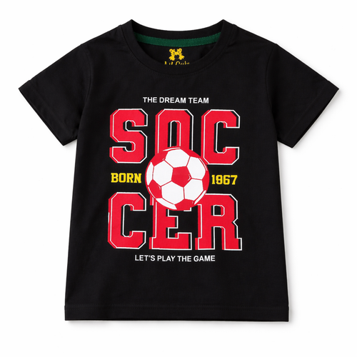 Black and white soccer print kids' summer coord set by Lil’ Cubs featuring a cotton jersey fabric, two-piece athletic outfit.