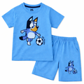 Sky blue Go Bluey kids' summer coord set by Lil’ Cubs, made of soft jersey cotton, featuring a matching top and shorts.
