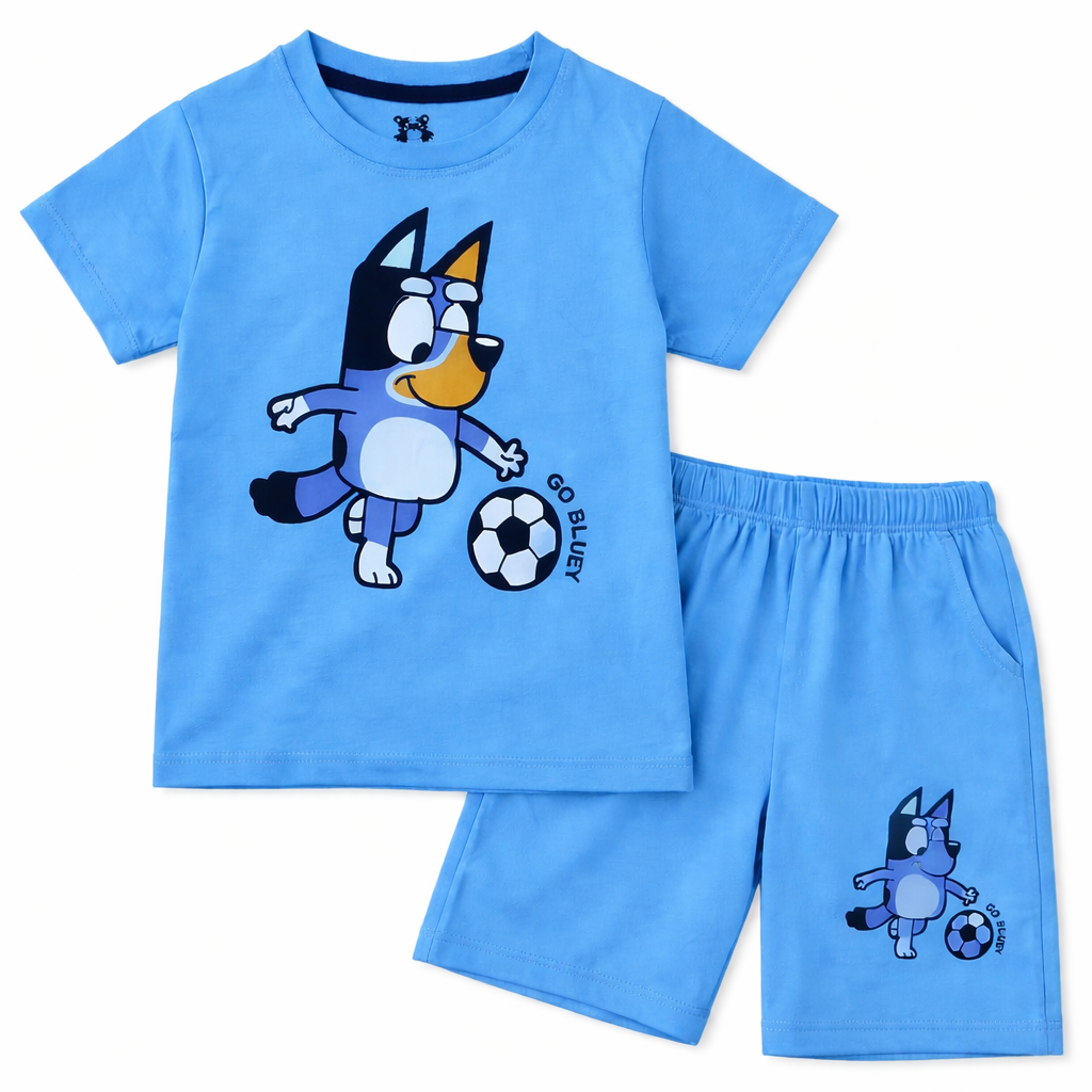 Sky blue Go Bluey kids' summer coord set by Lil’ Cubs, made of soft jersey cotton, featuring a matching top and shorts.