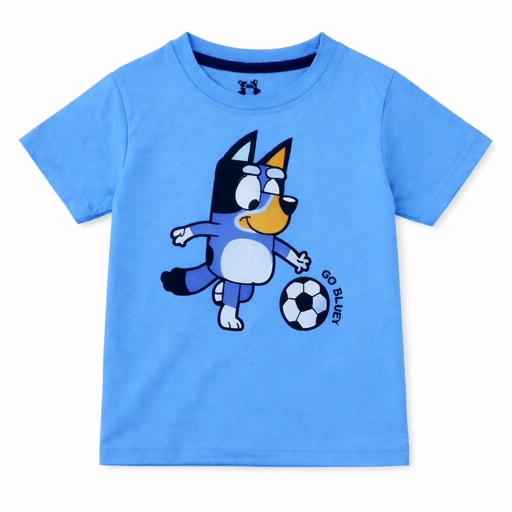 Sky blue Go Bluey kids' summer coord set by Lil’ Cubs, includes jersey cotton top and shorts, perfect for warm weather.
