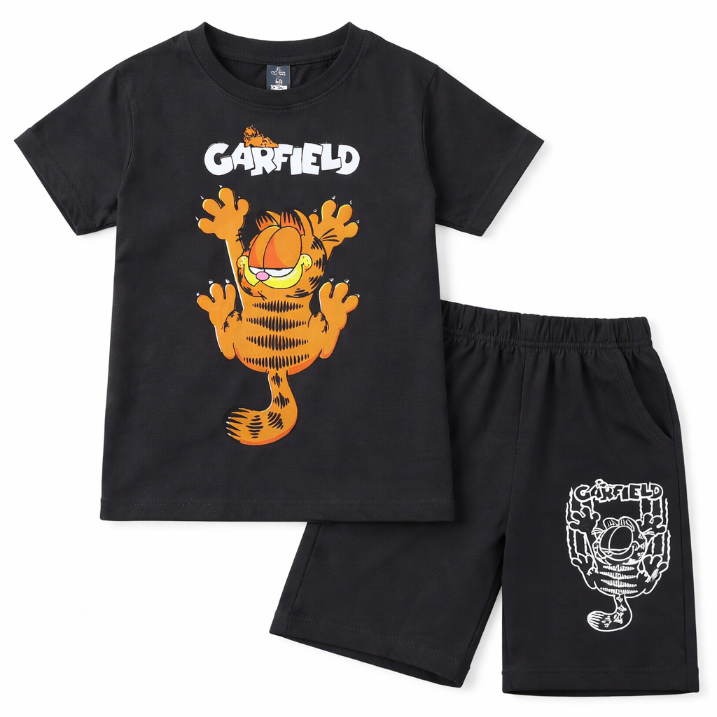 Dark grey Garfield summer kids' coord set by Lil’ Cubs, includes jersey cotton top and shorts, casual and comfortable for kids.