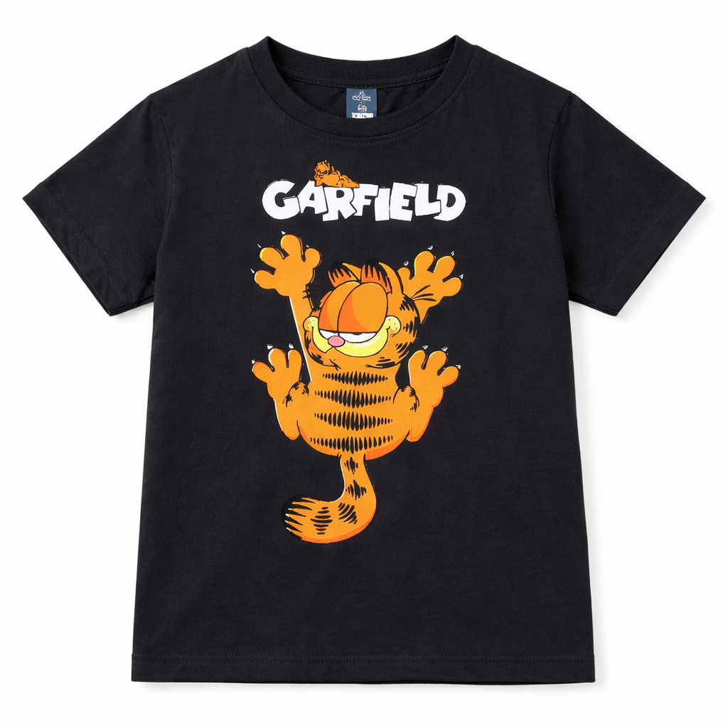 Dark grey Garfield summer coord set for kids by Lil’ Cubs, featuring a jersey cotton two-piece outfit with Garfield print.