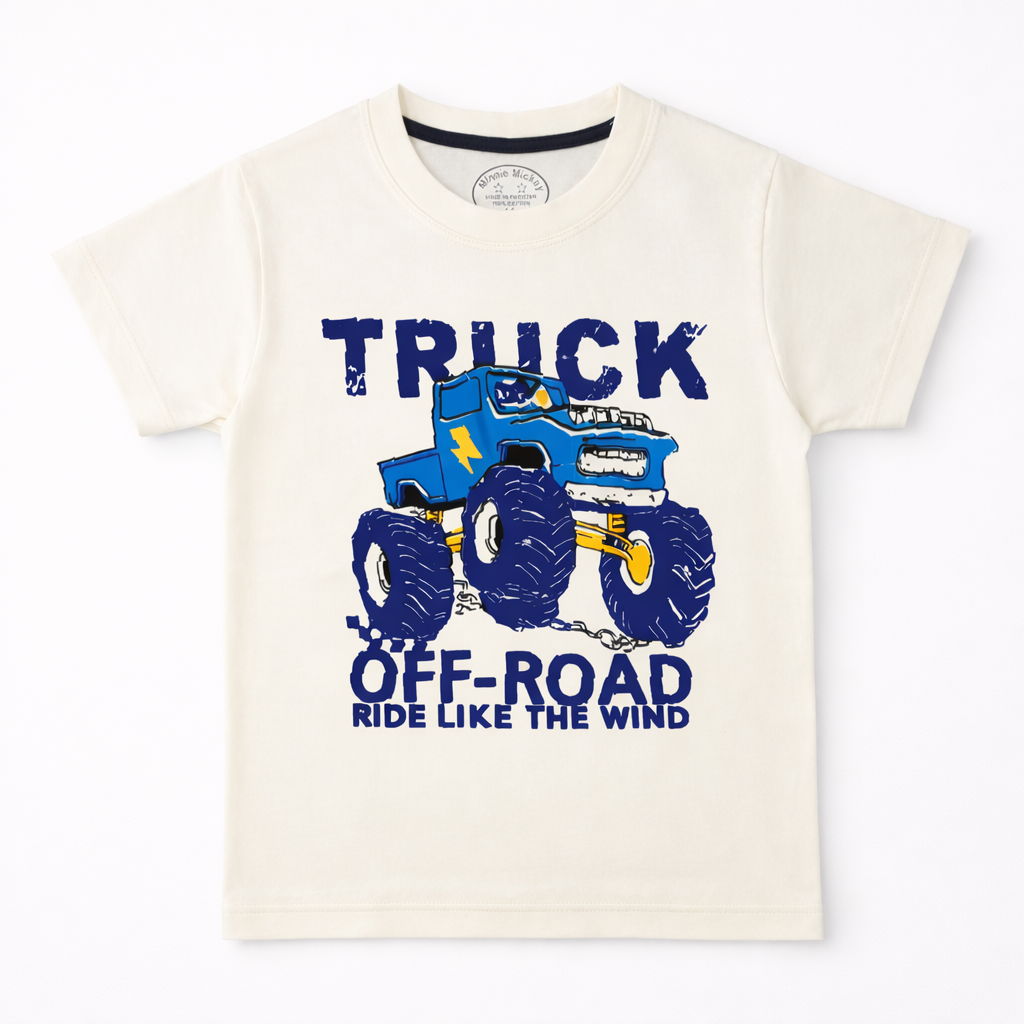 Off White Monster Truck T-Shirt by lilcubspk featuring a graphic of a monster truck on a casual cotton t-shirt.