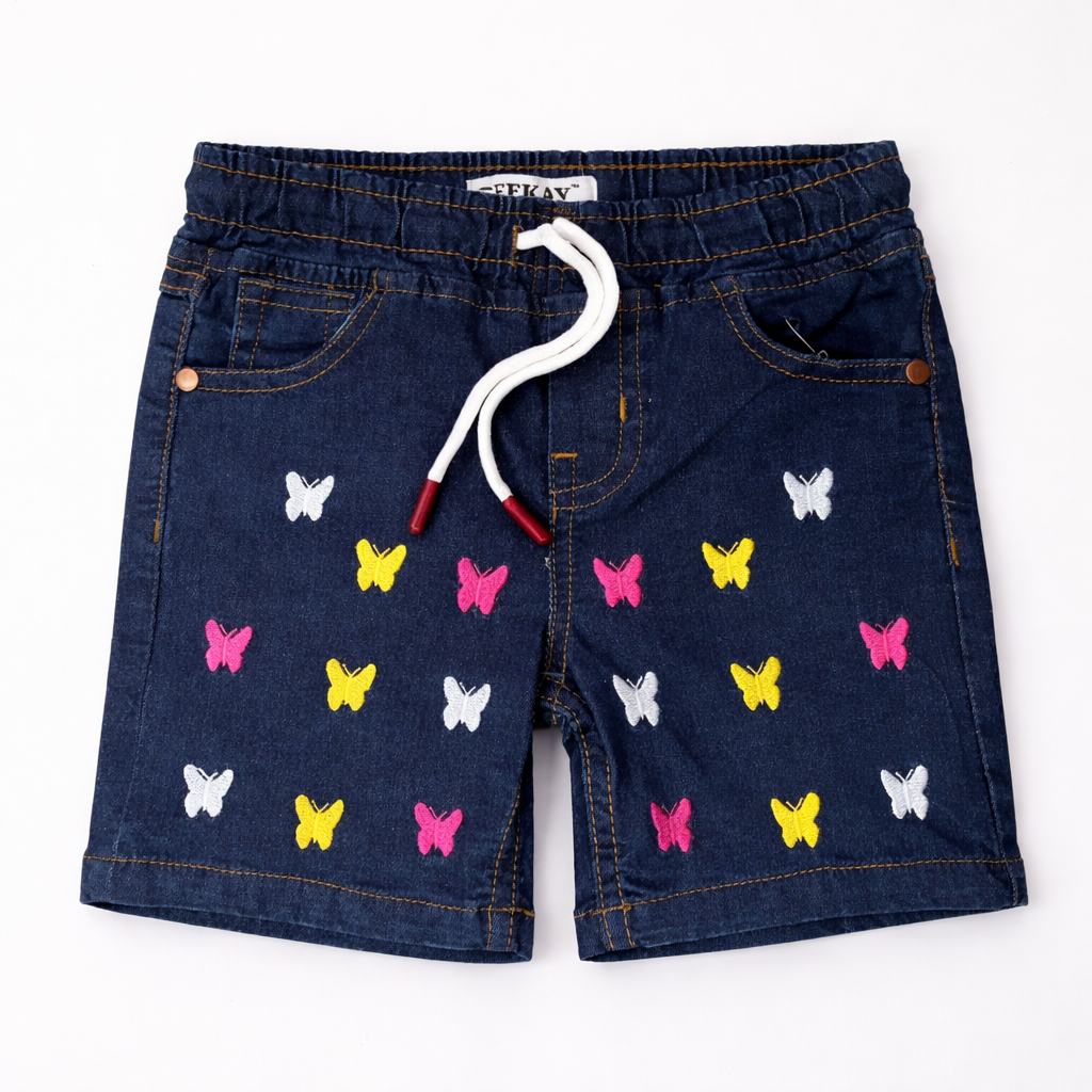 Girls blue denim shorts with butterfly embroidery, casual girls' shorts by lilcubspk, featuring colorful embroidered butterfly designs.