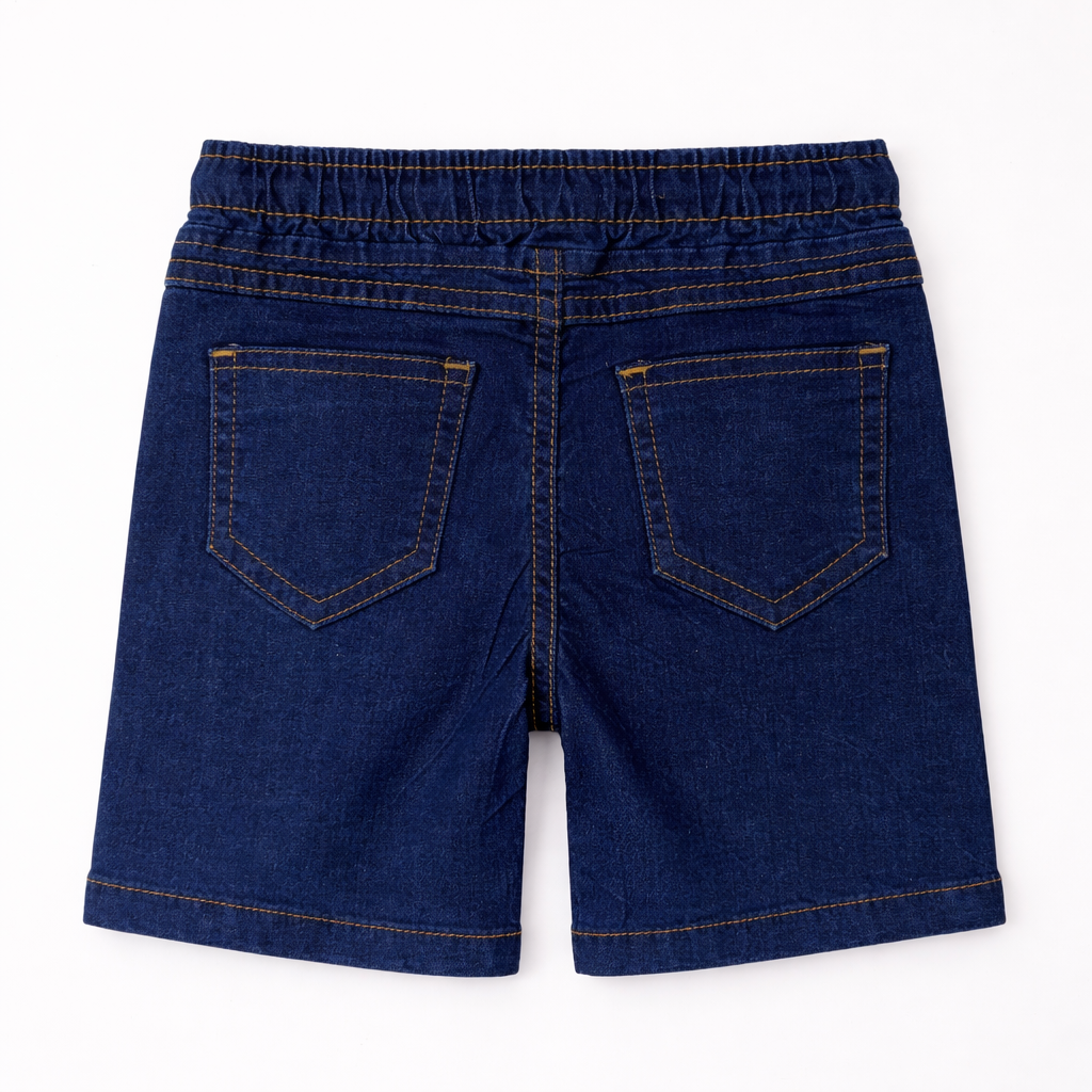 Girls' blue denim shorts with butterfly embroidery, stylish and comfortable, by lilcubspk.