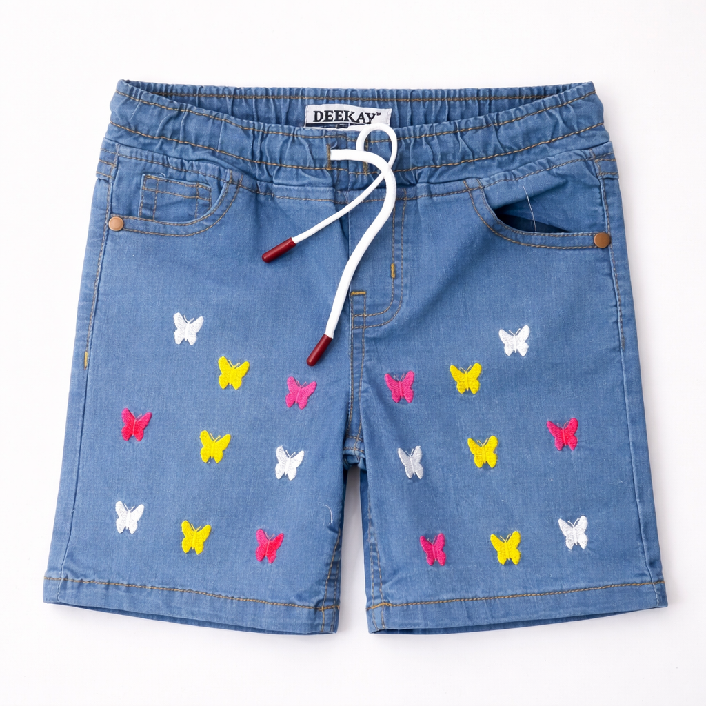 Girls ice blue denim shorts by lilcubspk with butterfly embroidery, featuring a casual fit and decorative stitched details.