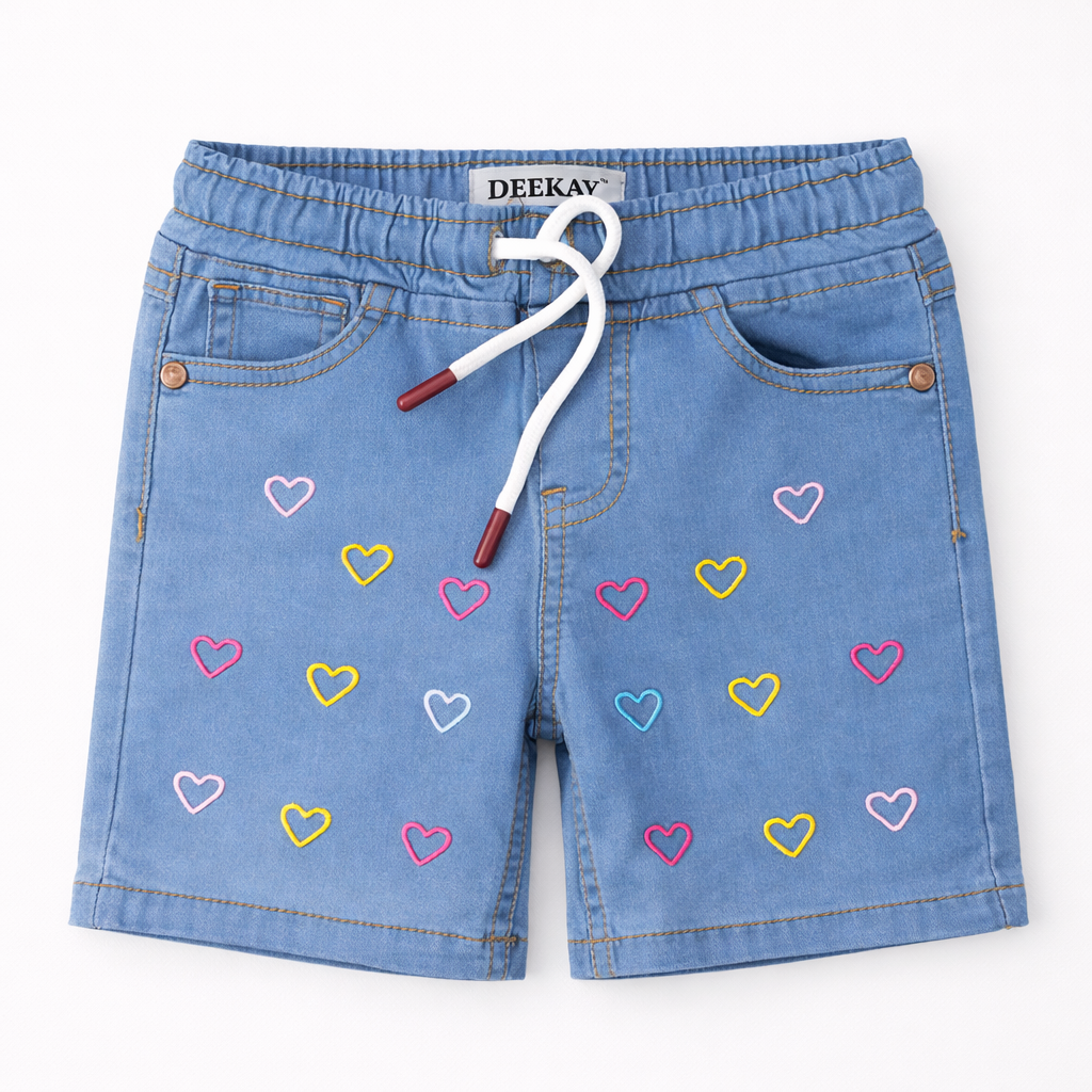 Girls ice blue denim shorts with heart embroidery from lilcubspk, featuring a stylish cut and decorative stitched hearts.