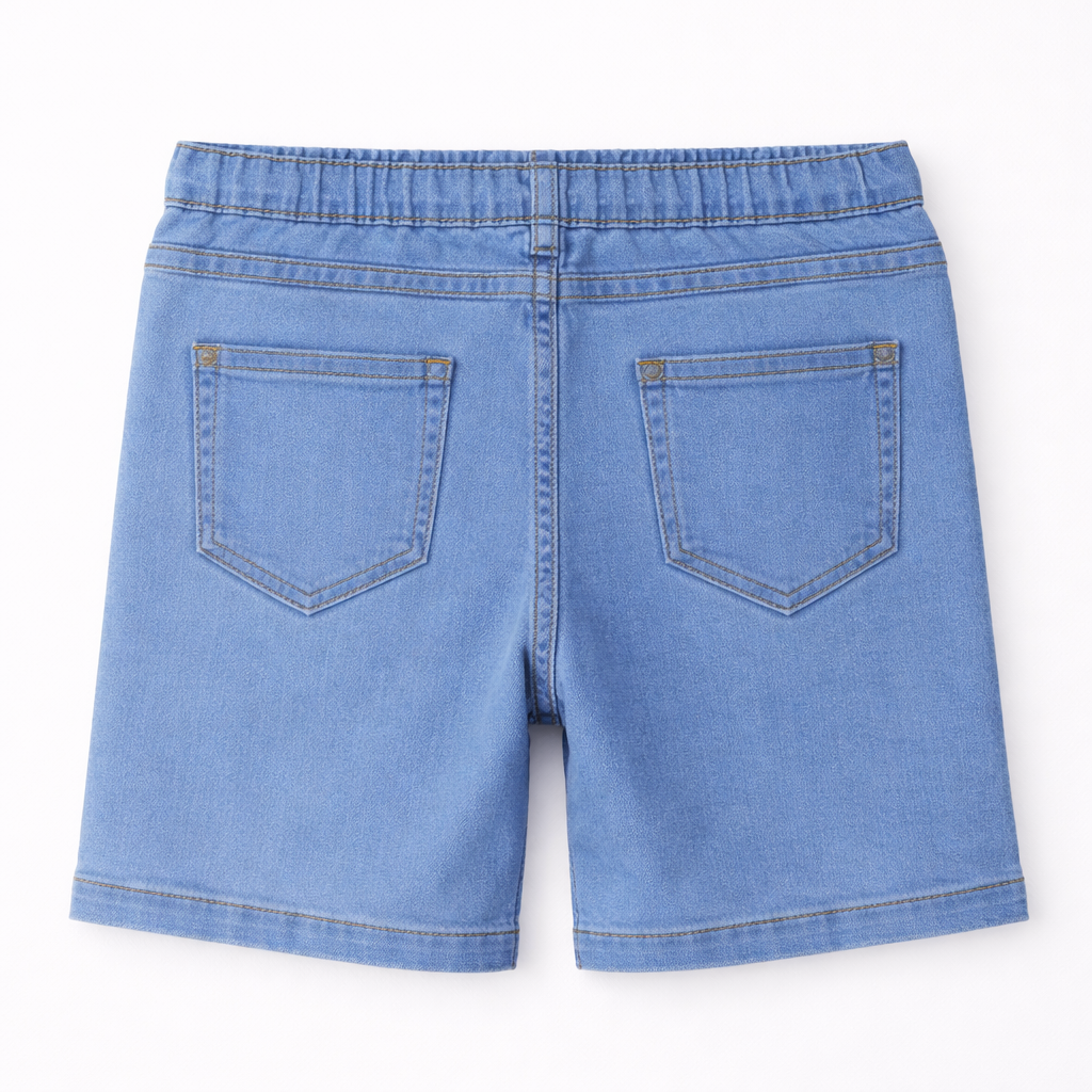 Girls denim shorts in ice blue with pink heart embroidery, casual lilcubspk girls shorts perfect for warm weather.