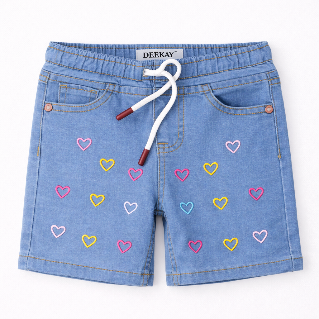 Girls light blue denim shorts with pink heart embroidery from lilcubspk, featuring a casual fit and decorative stitched hearts.