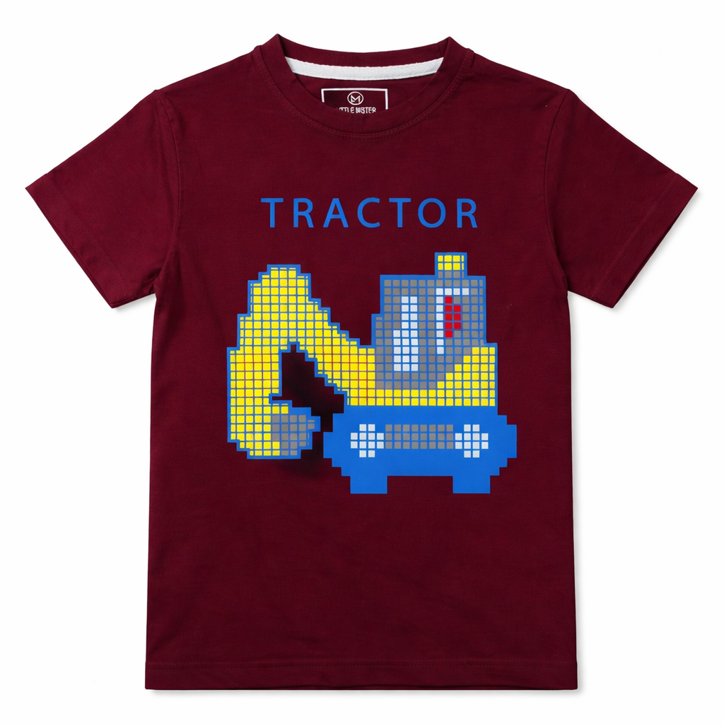 Dark red tractor summer T-shirt from Lil' Cubs coord set, featuring a playful tractor graphic for kids.