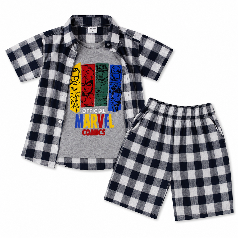 Black Check Marvel Summer Coord Set for Boys (1 - 12 Years) - Lil' Cubs
