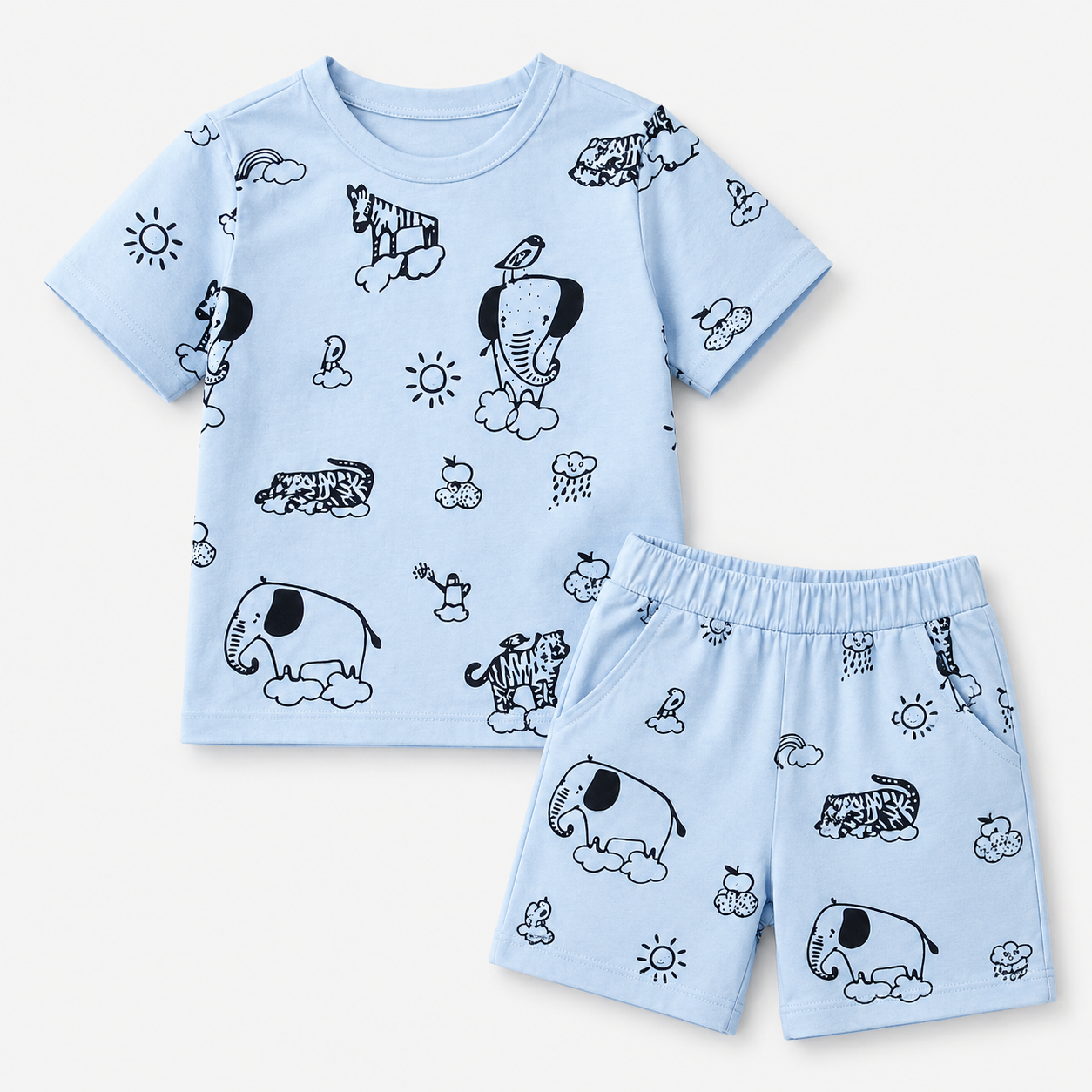 Boys Sky Blue Shorts Animals Print Summer Coord Set (1–12 Years)