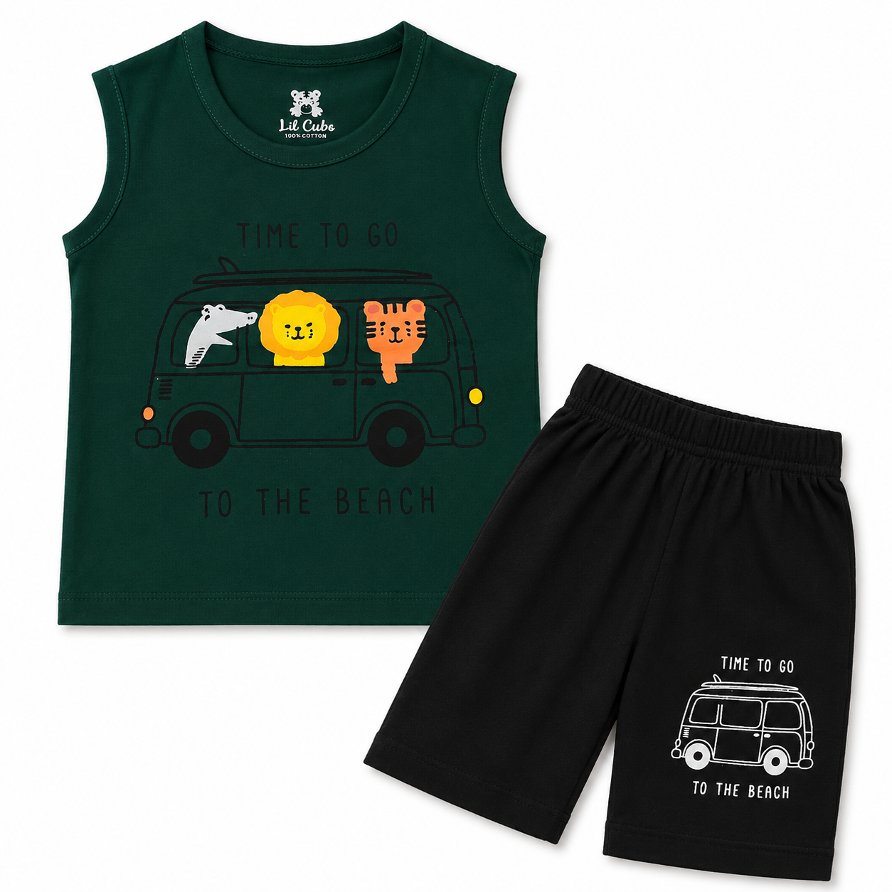 Dark Green Car Sleeveless Summer Coord Set (Ages 1-12)