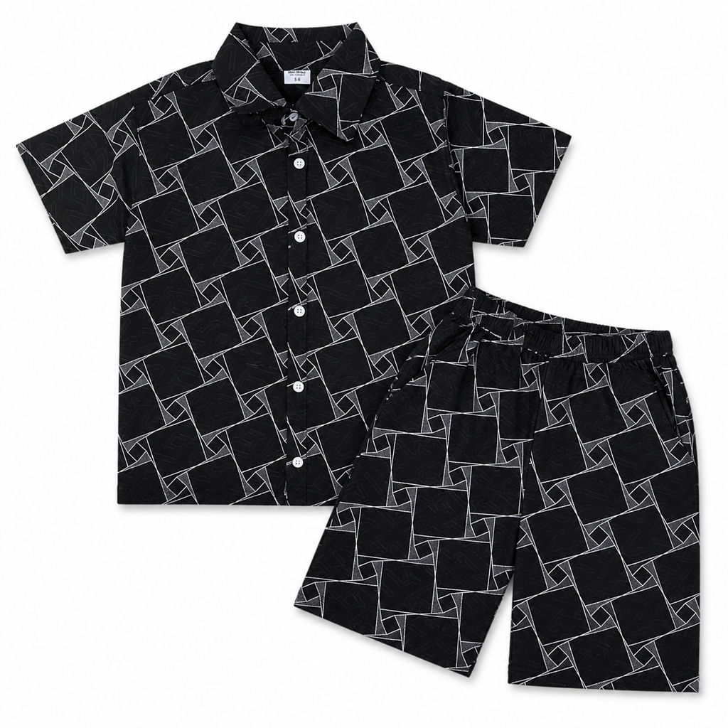Black box print summer coord set for boys, ages 1 to 12, featuring a stylish coordinated top and shorts by lilcubspk.
