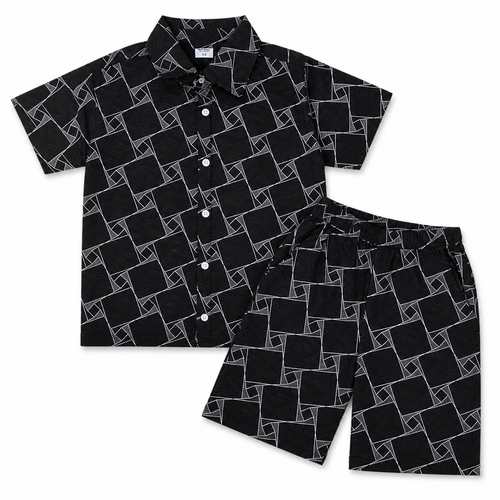 Black box print summer coord set for boys, ages 1 to 12, featuring a stylish coordinated top and shorts by lilcubspk.