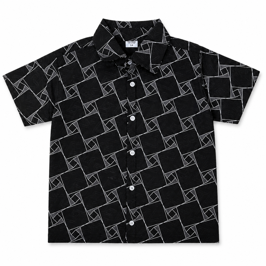 Black box print summer coordinate set for boys from lilcubspk, featuring a short-sleeve top and shorts for ages 1 to 12.