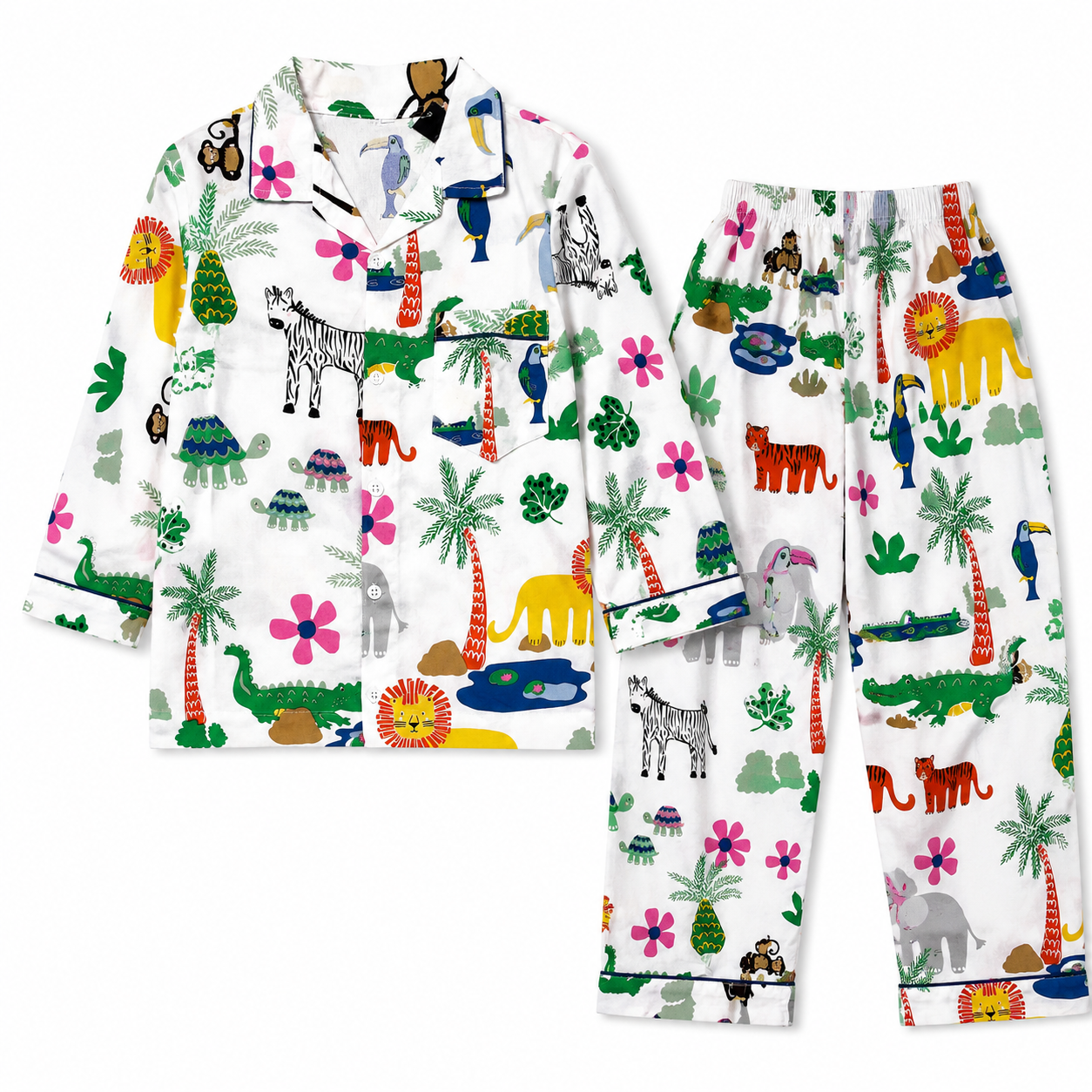 Kids White Jungle Print Summer Night Suit (5 - 12 Years) - Lil' Cubs