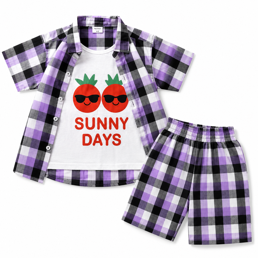 Purple Check Sunny Day Print Summer Coord Set for Boys (1 - 12 Years) - Lil' Cubs