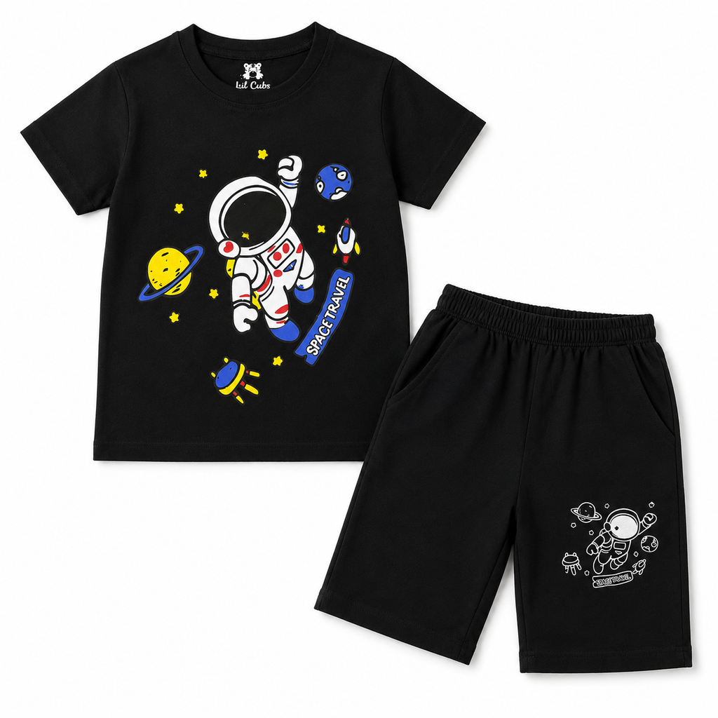 Boys Black Space Travel Print Summer Coord Set (1–12 Years) - Lil' Cubs