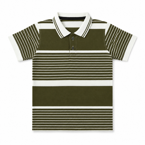 Beige boys polo shirt by lilcubspk with dust green striped t-shirt underneath, casual and comfortable kids' clothing.