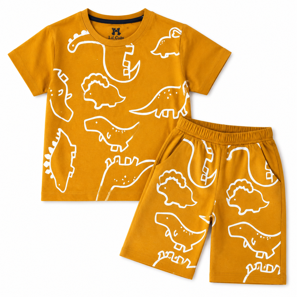 Boys Mustard Dino Summer Coord Set (1–12 Years) - Lil' Cubs