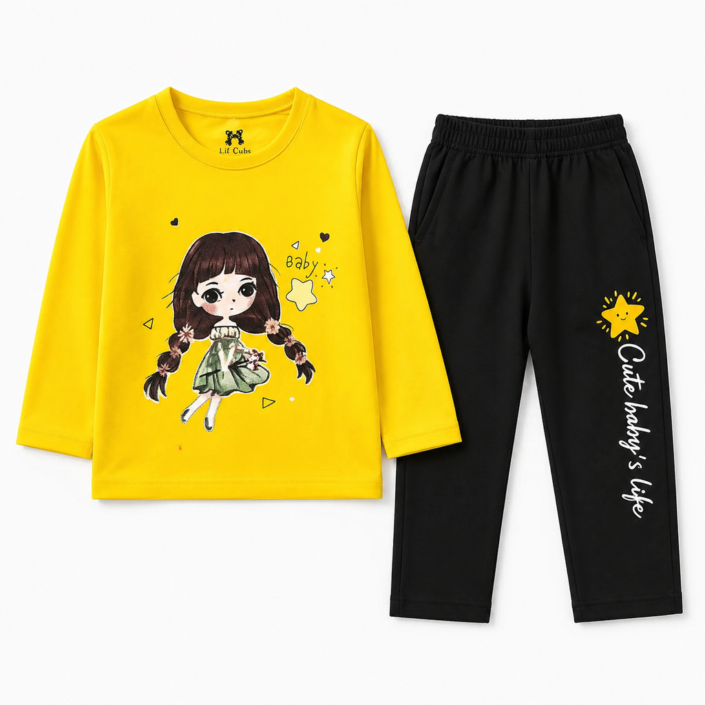 Yellow and black baby girl summer coord set by Lil' Cubs, two-piece outfit with playful print and comfortable fabric.