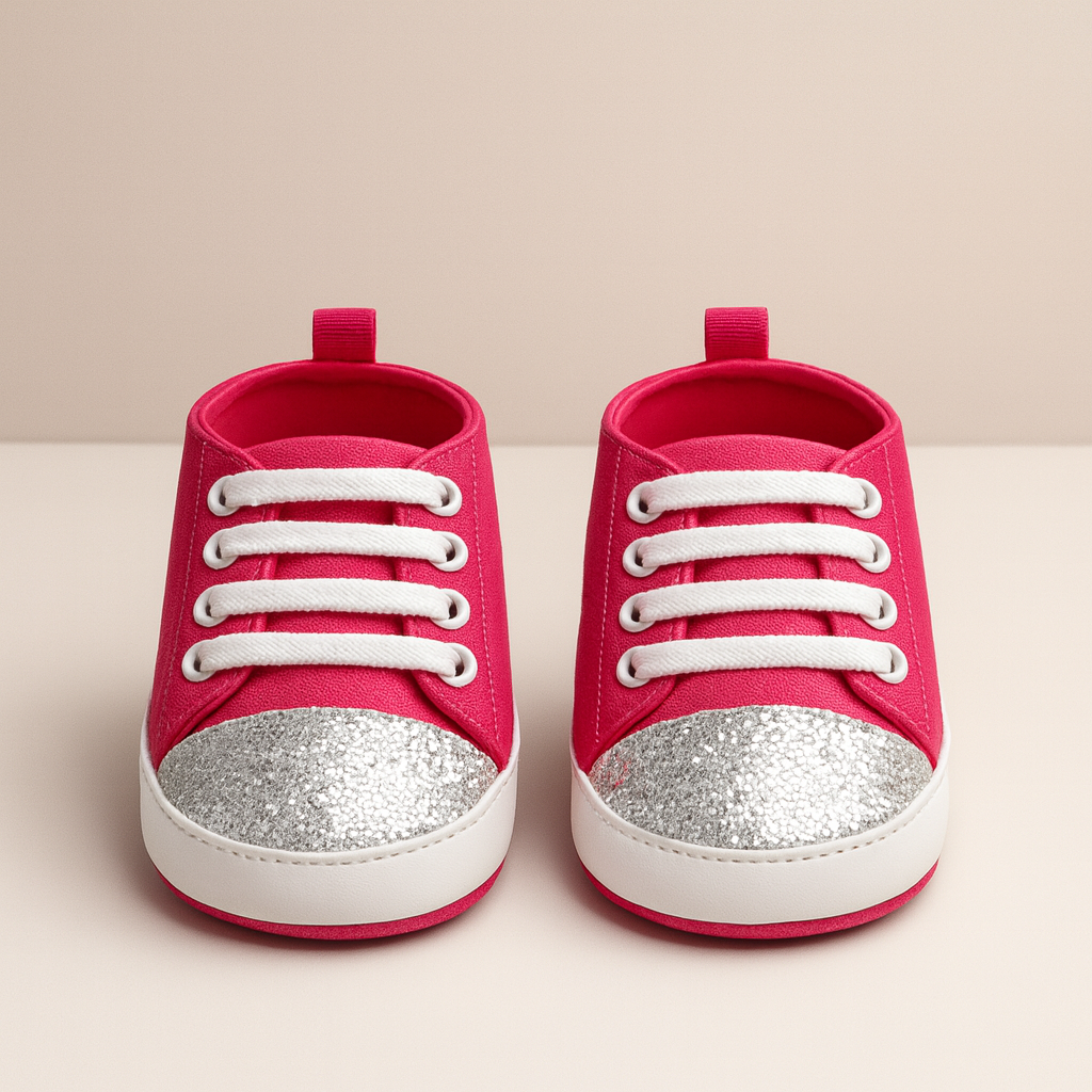 Lil' Cubs Sparkle Baby Sneakers with soft soles, designed for infants 0-6 months, featuring a sparkly finish and comfortable fit.
