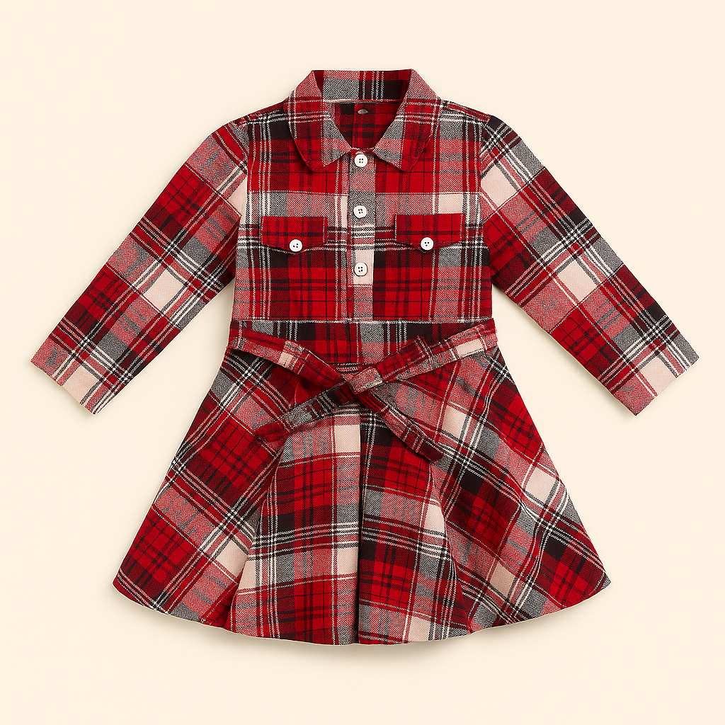 Winter Plaid Belted Dress – Girls (2–8 Years)
