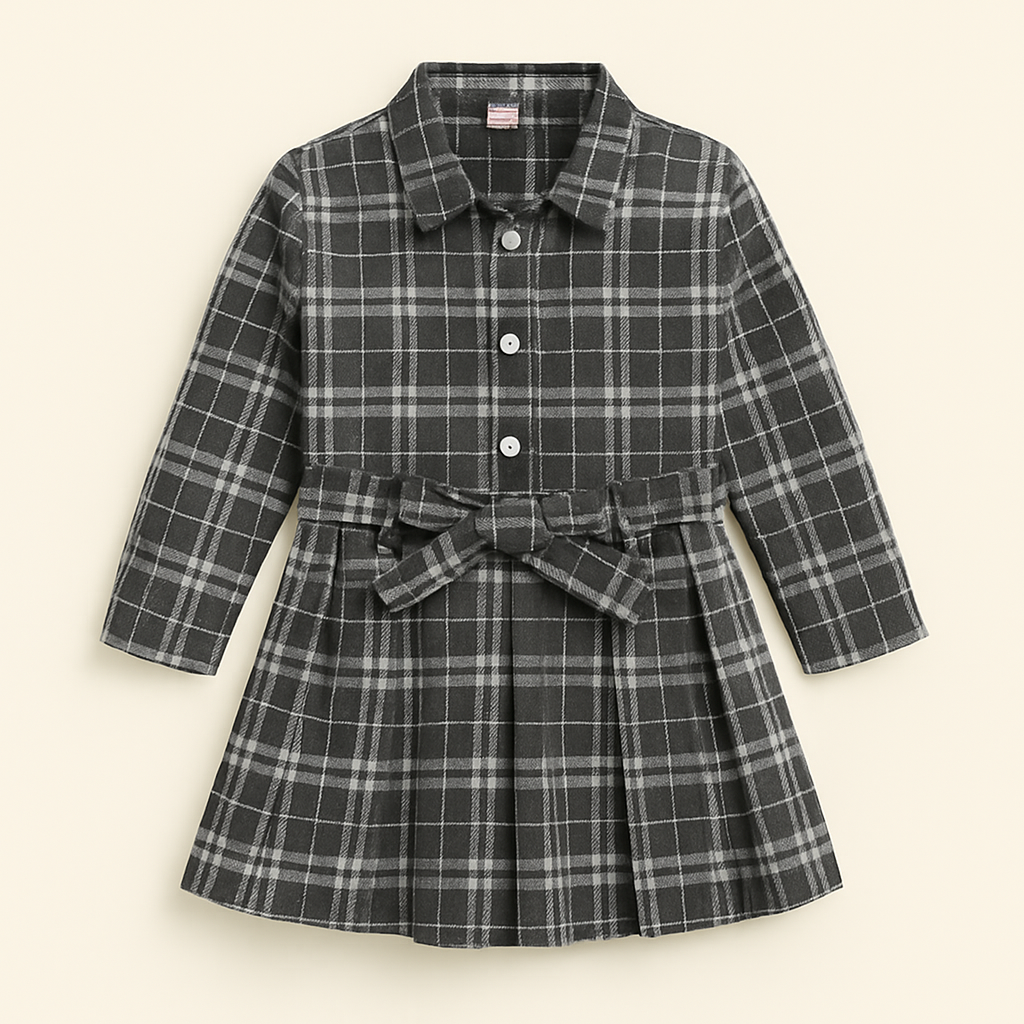 Charcoal Plaid Belted Dress – Girls (2–8 Years)