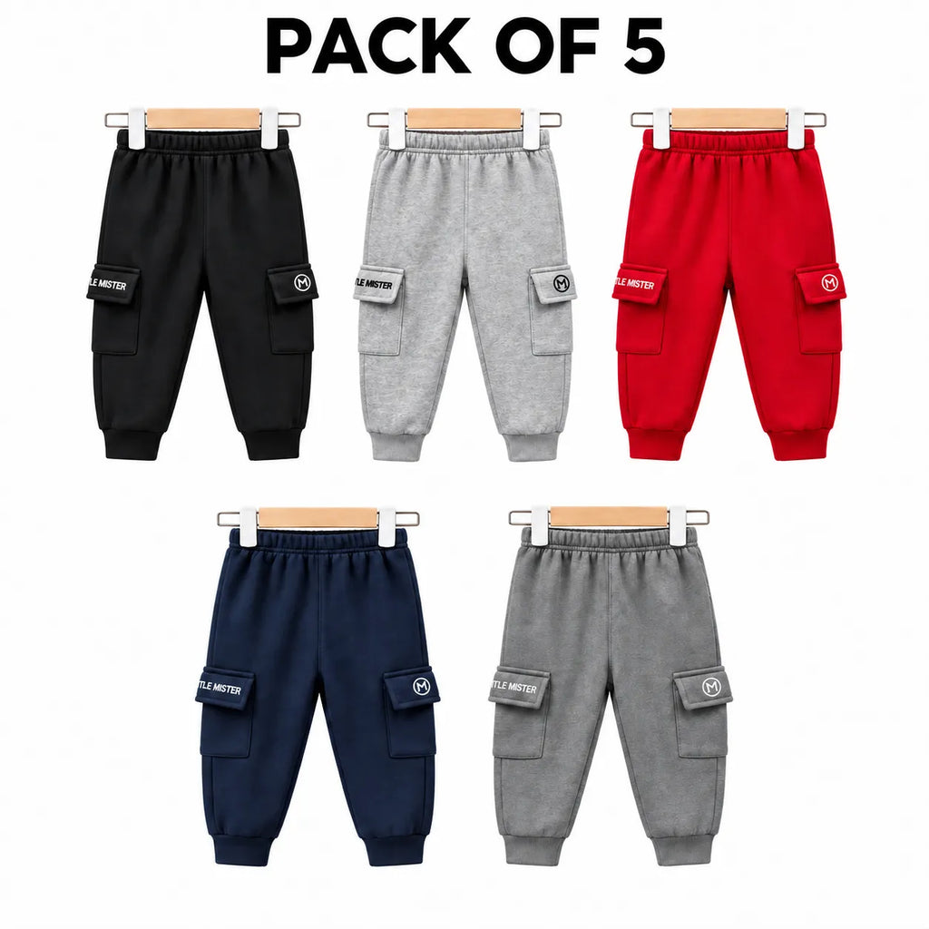 Kids Winter Pack of 5 Fleece Cargo Trouser – 5 Colors (Size 9 Months - 5 Years)