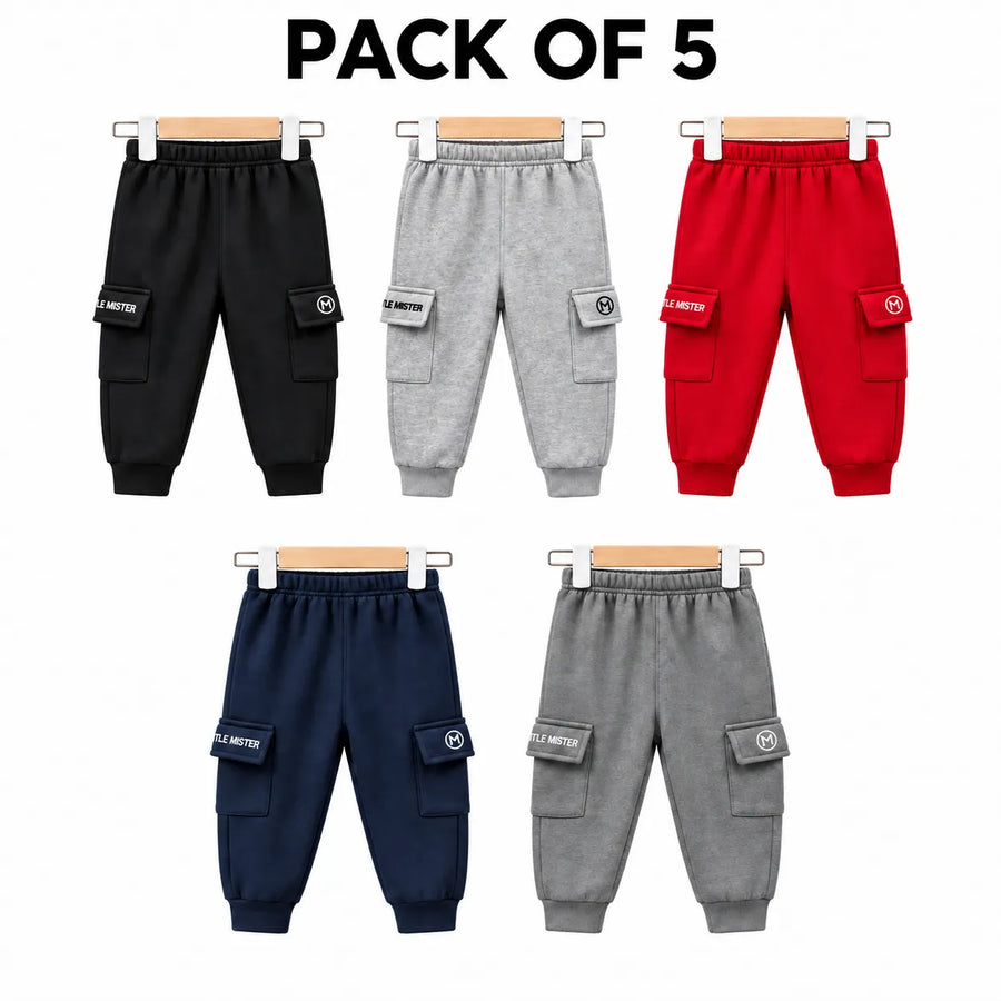 Kids Winter Pack of 5 Fleece Cargo Trouser – 5 Colors (Size 9 Months - 5 Years)