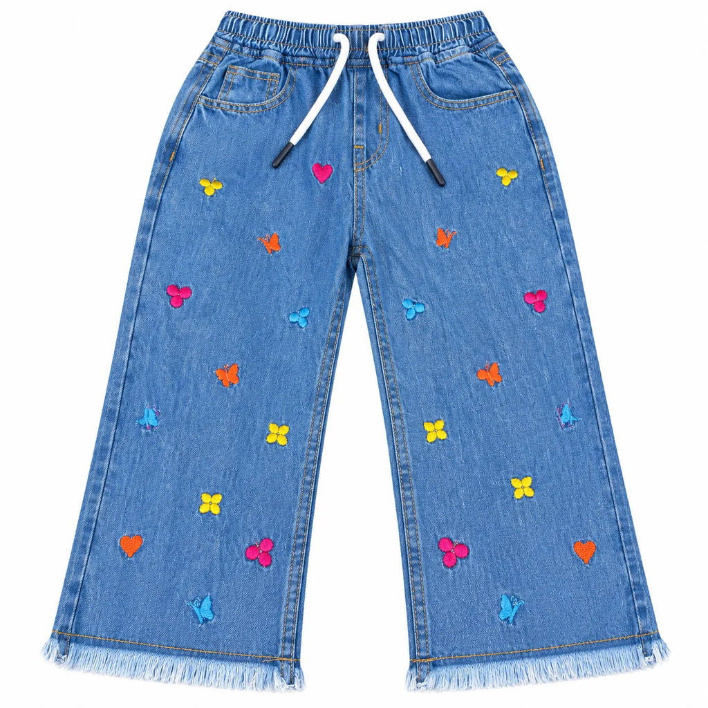 Girls Blue Denim Jeans Butterfly Embroidery (Size 2 - 12 Years)