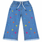 Girls Blue Denim Jeans Butterfly Embroidery (Size 2 - 12 Years)