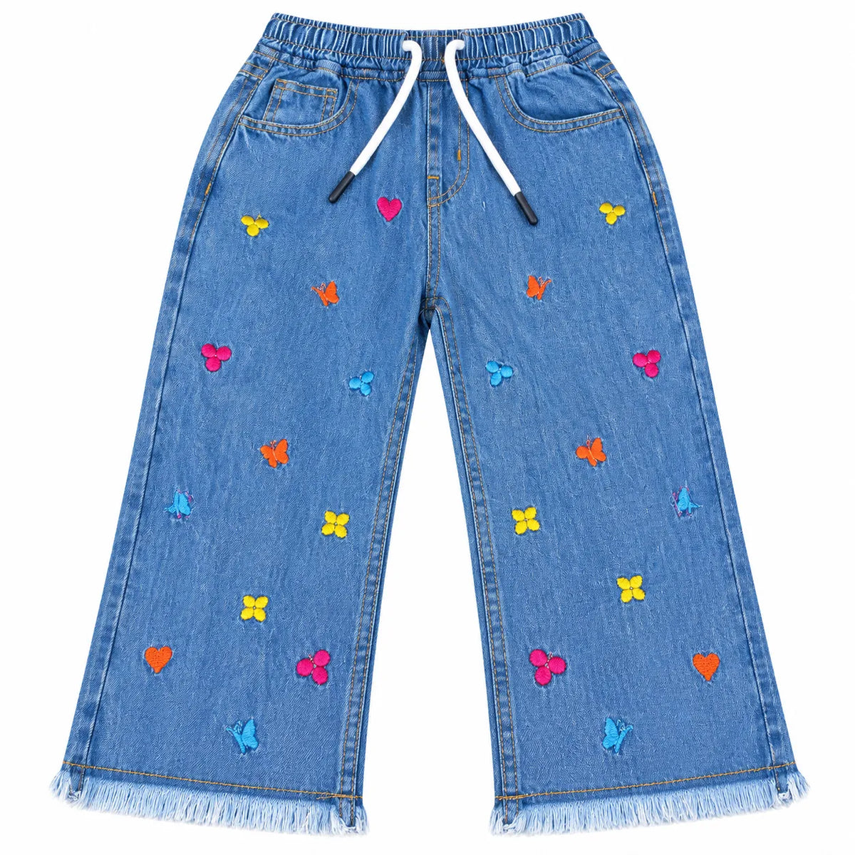 Girls Blue Denim Jeans Butterfly Embroidery (Size 2 - 12 Years)