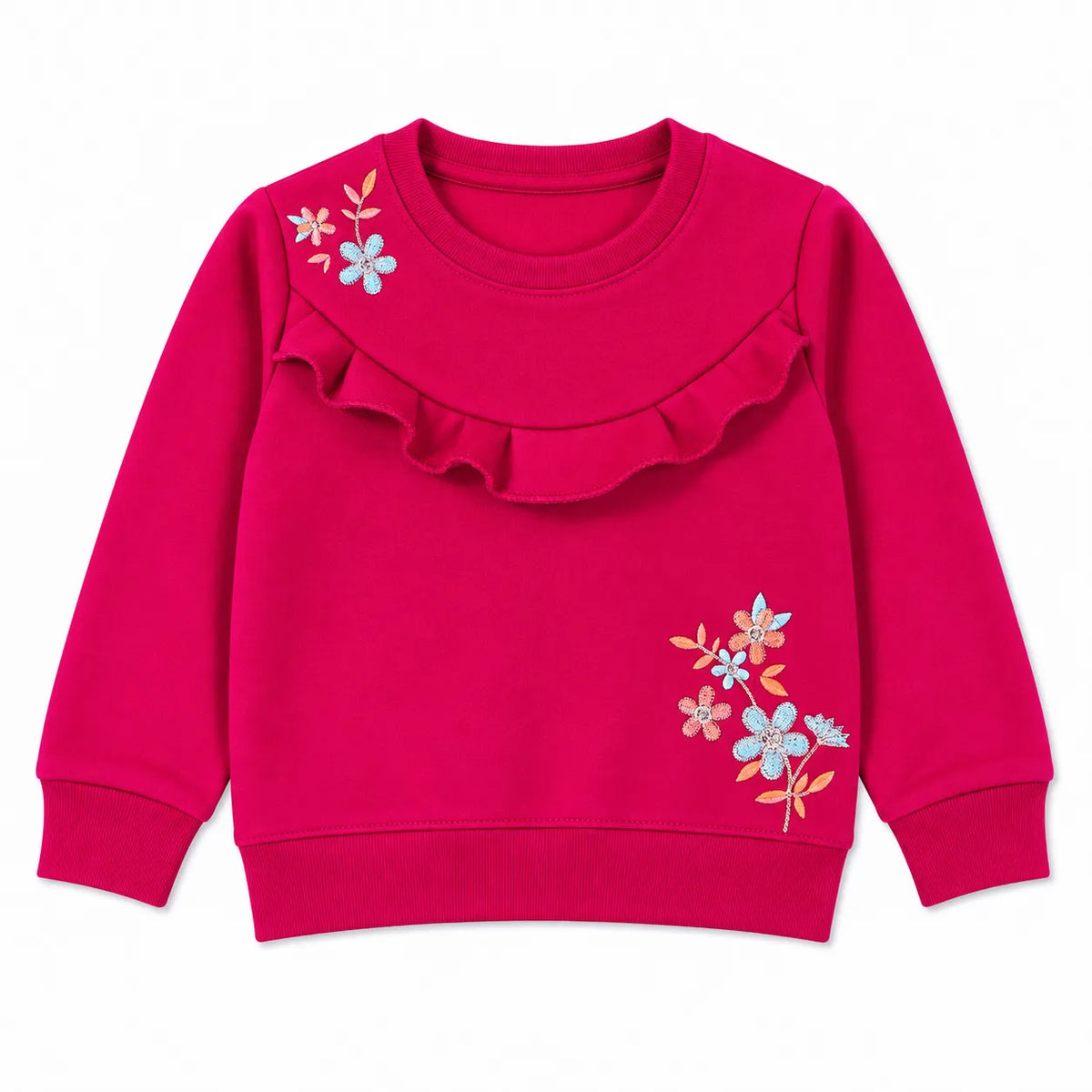 Girls Dark Pink Floral Winter Sweatshirt (Size 9 Months - 12 Years)
