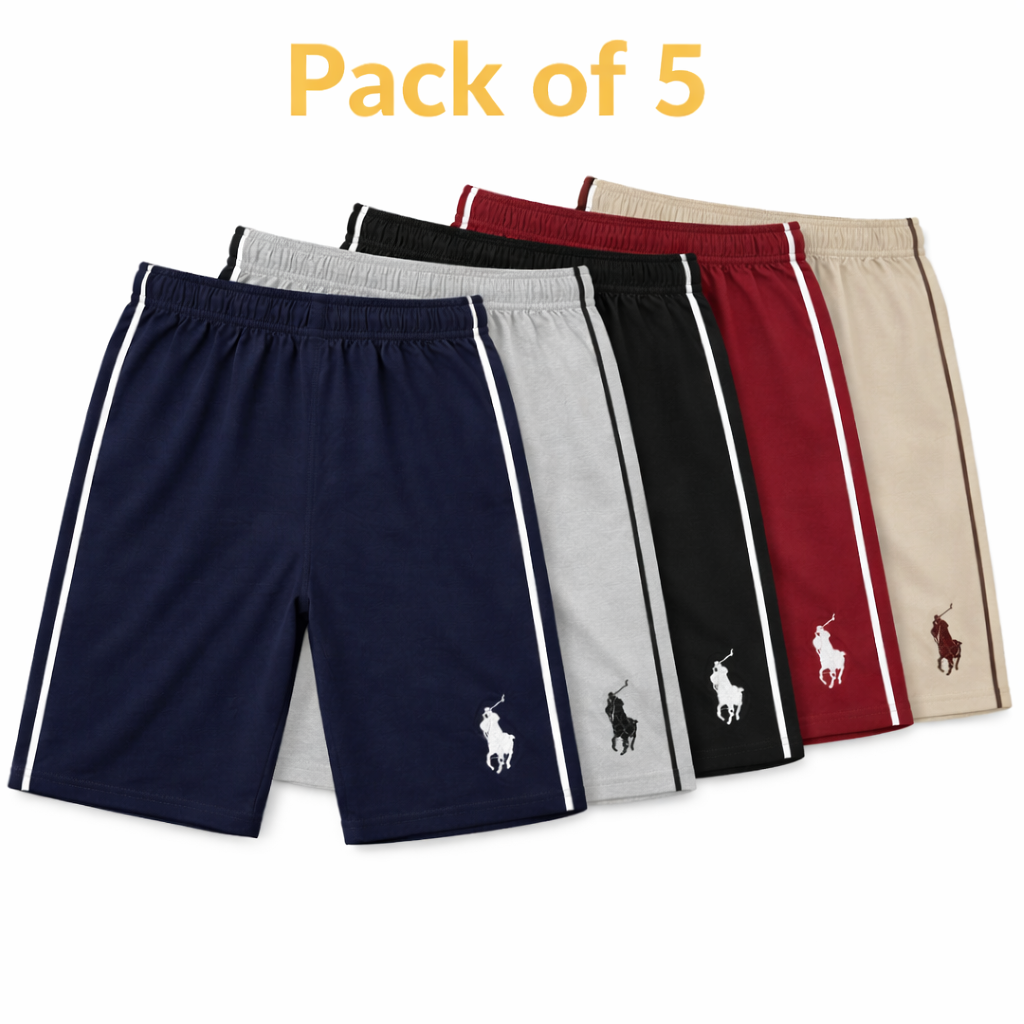 Pack of five boys' polo shorts with side stripe detail by lilcubspk, featuring comfortable fit and casual style.